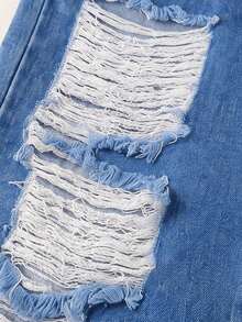 1pc Tween Girls Casual Streetwear Sweet Cool Niche Stepped Distressed Design Fashion Personalized Straight Leg Jeans - Medium Wash - View 5