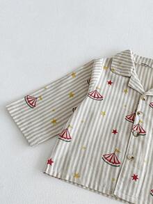 Miniweenns 2pcs/Set Unisex Baby Striped Base Long Sleeve Outfit, Collar + Buttons + Pockets, Circus Star Print - Khaki - View 7
