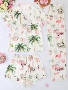 Plus Size 3-Piece Pajama Set For Women, Cool Short Sleeve, Plus Size Sleepwear Set, Plus Size Body, 3-Piece Set, Shorts And Long Pants, Lapel Button Short Sleeve, All Season Wear, Plus Size, Home Wear, Comfortable And Loose, Coconut Tree Tiger Flamingo Vacation Style Print - White - View 1