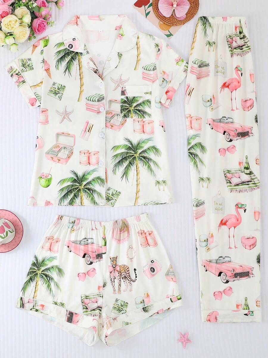 Plus Size 3-Piece Pajama Set For Women, Cool Short Sleeve, Plus Size Sleepwear Set, Plus Size Body, 3-Piece Set, Shorts And Long Pants, Lapel Button Short Sleeve, All Season Wear, Plus Size, Home Wear, Comfortable And Loose, Coconut Tree Tiger Flamingo Vacation Style Print - White - View 1