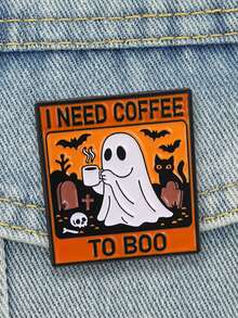 1pc Halloween Ghost Coffee Enamel Pin, "I Need Coffee To Boo" Funny Quote Badge, Cemetery Cat Bat Design, Gift For Friends - Multicolor - View 4