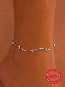 925 Silver Geometric Ball Anklet, Minimalist & Unique, Suitable For Daily Wear And Beach Vacation, Great Gift For Friends, Relatives And Loved Ones - Silver - View 2