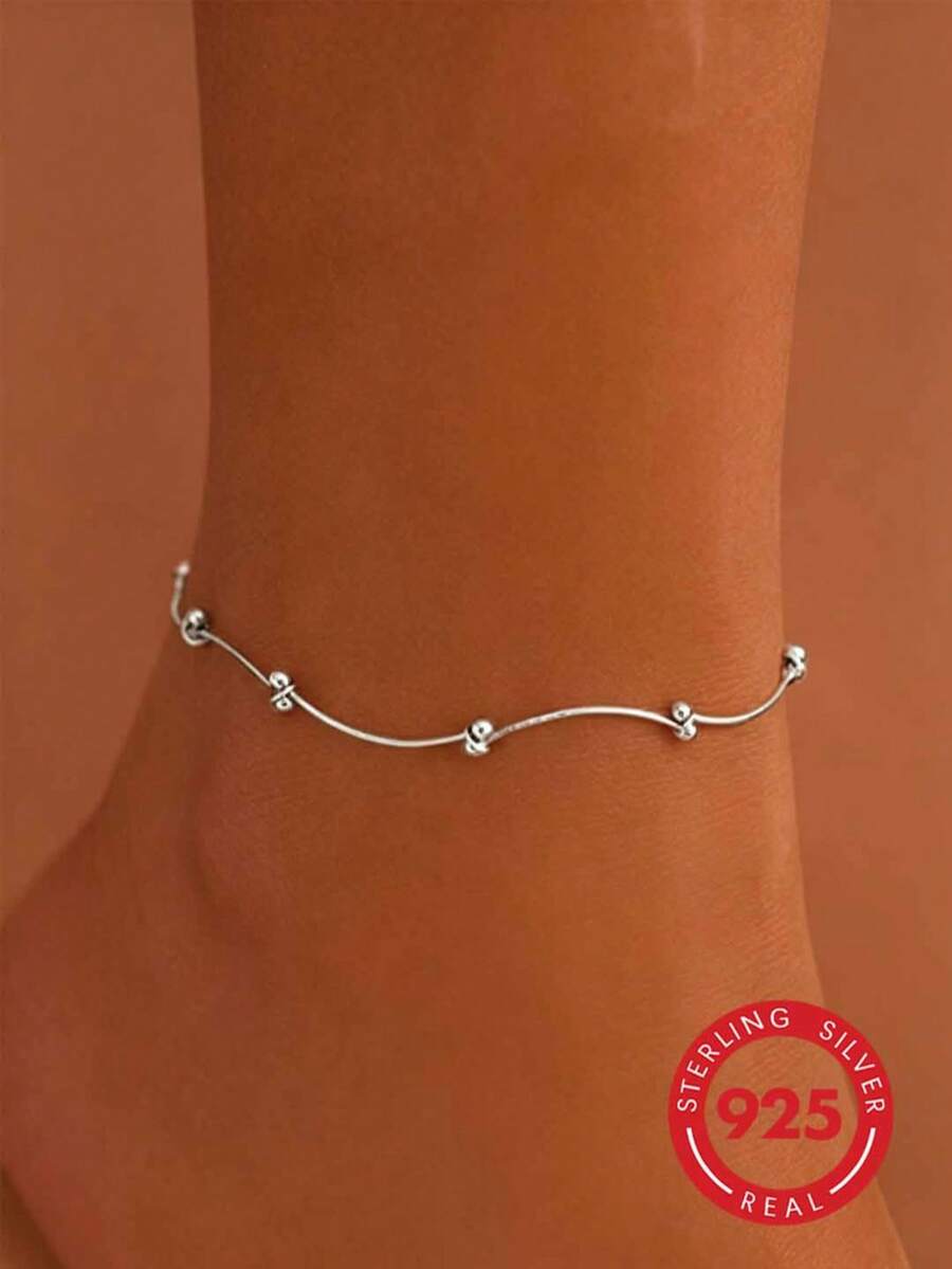 925 Silver Geometric Ball Anklet, Minimalist & Unique, Suitable For Daily Wear And Beach Vacation, Great Gift For Friends, Relatives And Loved Ones