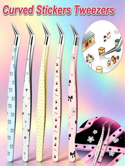 1pc Curved Patch Cartoon Tweezers, New High Precision Anti-Static Eyelash Tweezer, Cartoon Eyelash Extension Tweezers, Eyelash Extension Tool, Beginner Tweezers, High Precision Eyelash Extension Assistant, Eyelash Artist Golden Feather Stainless Steel Sticker Tweezers