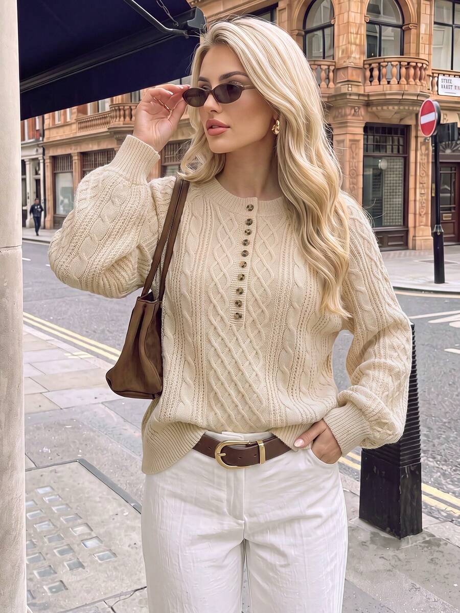 Nicenter Women's Fall-Winter Beige Casual Cable Knit Crew Neck Half Button Long Sleeve Loose Pullover Sweaters Tops Daily Fall Outfit - Apricot - View 1