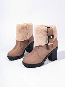 Women's Winter Thermal-Lined Ankle Boots, Brown Suede Fur Trim Buckle Chunky Heel Thick Sole Snow Boots, Side Zipper Design Commuter Versatile Women's Shoes - Apricot - View 8