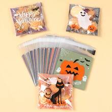 50pcs 4-Style Mixed Halloween Candy Bags, Cute Pumpkin Ghost Black Cat Print Self-Sealing Snack Gift Packaging Bags, Party Favors - Multicolor - View 1