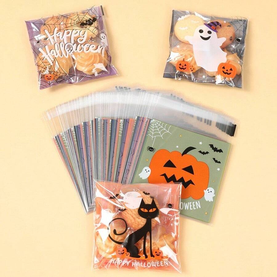 50pcs 4-Style Mixed Halloween Candy Bags, Cute Pumpkin Ghost Black Cat Print Self-Sealing Snack Gift Packaging Bags, Party Favors - Multicolor - View 1