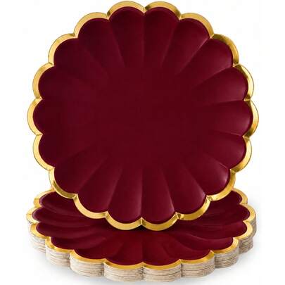 10pcs/30pcs/50pcs Burgundy Paper Plates With Gold Scalloped Flower Rim,9 Inch Dinner Plates & 7 Inch Dessert Plates Decorative Paper Plates For Wedding Birthday Bridal Shower Fall Thanksgiving Holiday Party Table Supplies