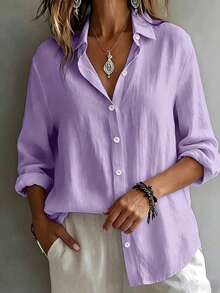 Women's Plus Size Solid Color Rolled Sleeve Long Front Button Shirt Blouse - Purple - View 3