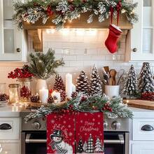 A Set Of 2 Pieces Christmas Themed Towels, Designed With Snowman And Christmas Tree Pattern Prints. Water Absorbing, Reusable, Suitable For Room Decoration, Kitchen And Bathroom Towels. Ideal Christmas Gift For Party Decoration And Home Decor. - Multicolor - View 9