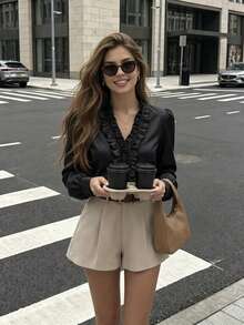 Top Feminina Elegante e Versátil com Babados Plissados, Decote em V, Manga Longa, Cetim Preto, Estilo Outono - Preto - Visão 4