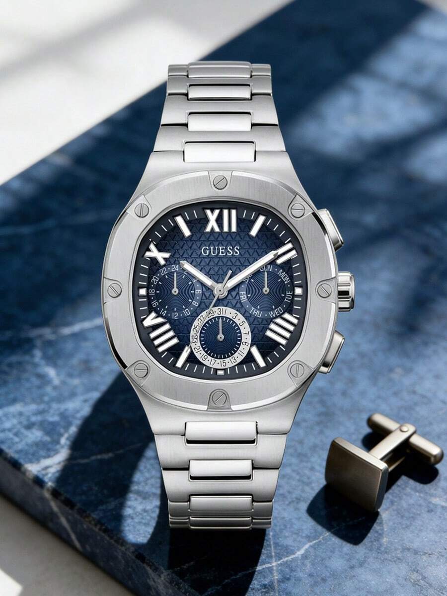 Jam Tangan Pria GUESS GW0572G1, Gelang Stainless Steel Perak, Dial Biru Segi Delapan, Jam Tangan Kronograf Multifungsi - Perak - View 1