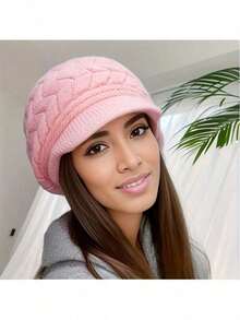 1pc Women's Soft Elastic Cable Knit Newsboy Cap, Short Brim Loose Warm Knitted Beanie, Windproof, Suitable For Daily Outdoor Travel, Autumn/Winter Accessory - Multicolor - View 2