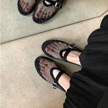 Sepatu Mary Jane Datar Jala Berongga untuk Wanita, Bernapas, Tidak Pengap, Gaya Musim Panas Terbaru, Dihiasi Rhinestone, Sepatu Balet dengan Satu Tali, Sandal Tertutup, Sepatu Jala - Hitam - View 2