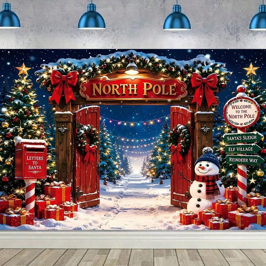 One Christmas Arctic Backdrop, Winter Wonderland Snow Scene Background, Santa Claus Village Red Gate Photography Backdrop, Christmas Decorations, Merry Christmas Party Decorations, Photo Booth Banner. - View 1