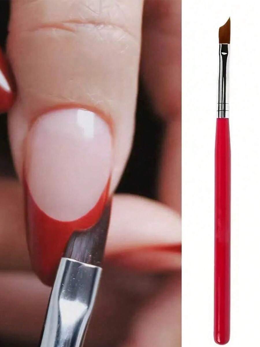1pc French Diagonal Nail Art Brush, Red Handle, Crescent-Shaped UV Gel Nail Art Pen, Nail Art DIY Design Tool - Red - View 1