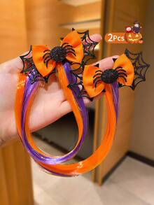 2Pcs Girls Halloween Spider Web Bow Hair Extensions, Orange Purple Black Gradient Glitter Long Ribbon Duck Clip, Halloween Holiday Costume Hair Accessories, Convenient And Practical Hair Extensions, Suitable For Halloween Gifts And Party Use - Multicolor - View 9
