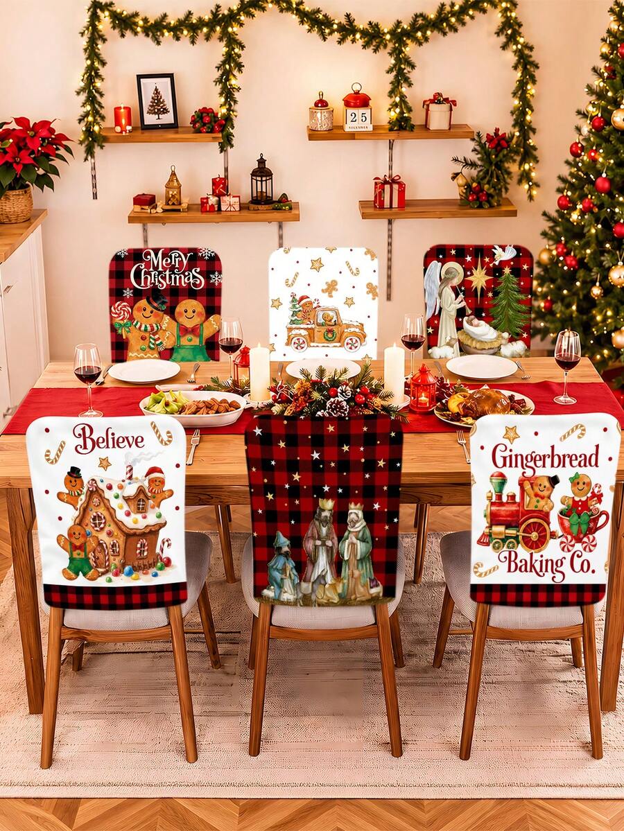 6Pcs Winter Christmas Chair Covers/Chair Back Covers, Black & Red Buffalo Plaid Style Chair Covers, Gingerbread Man & Nativity Scene Pattern Dining Chair Covers, Suitable For Home, Study, Dining Room And Kitchen Winter Holiday Chair Protection Covers - Multicolor - View 1