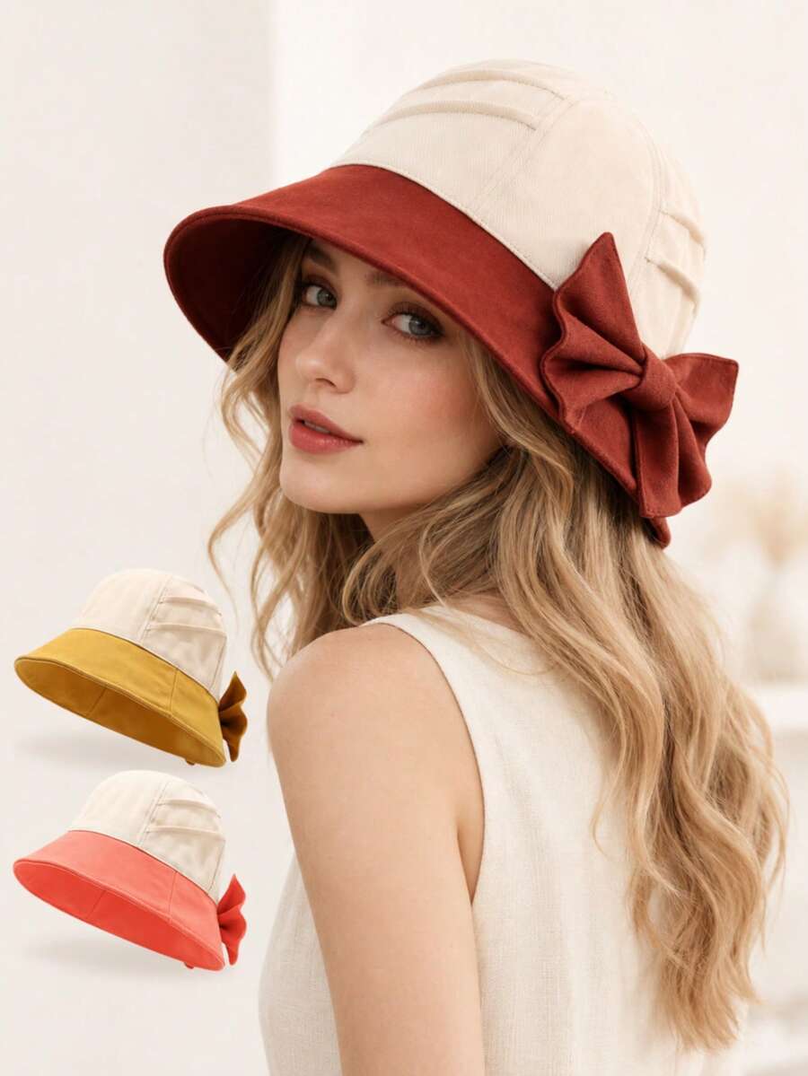 1pc Women's Color Block Bow Decor Wide Brim Bucket Hat, Elegant Two ...