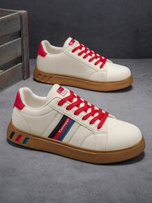 Men's Classic Beige Striped Colorblock Design Casual Sneakers, Versatile Comfortable Outdoor Skateboard Shoes - Beige - View 5