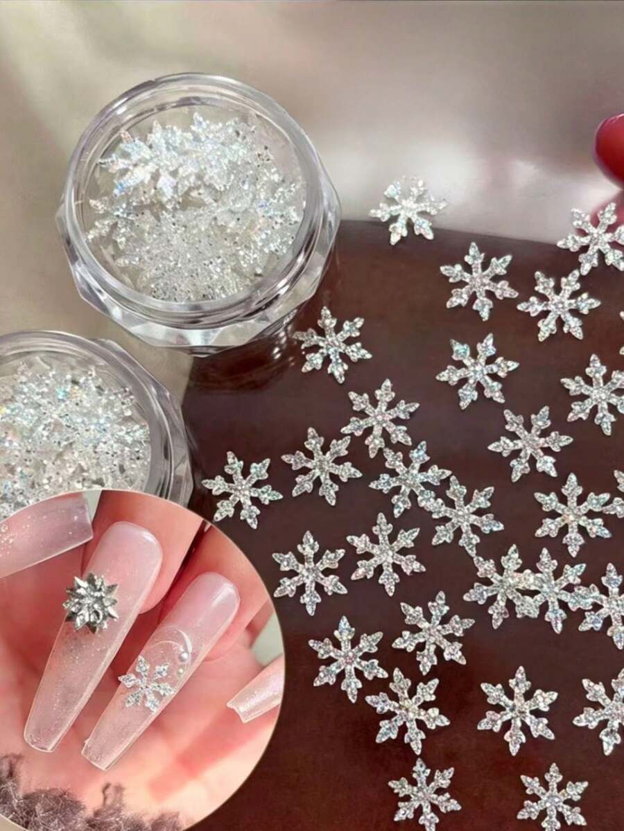 1 Box Laser Holographic Snowflake Slice Decorative Accessories, Glitter Hollow Snowflake Shaped Sequins, Built-In Rainbow Fine Shimmer Luster, Exquisite 3D Design, Boxed Storage, Suitable For Various Surface DIY Decoration, Winter Ice And Snow Atmosphere Decorative Accessories - Multicolor - View 1