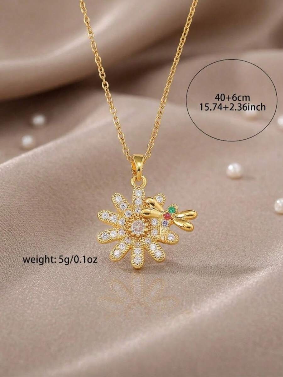 18K PVD Gold Plated Brass Micro-Inlaid AAA Grade Transparent Zirconia Multi-Color Handmade Crystal Daisy Bee Pendant Adjustable Clavicle Necklace Hypoallergenic - Gold - View 1