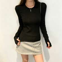 Black Regular Shoulder Round Neck Long Sleeve T-Shirt Women's Autumn Innerwear Outerwear Base Layer Slim Fit Basic Style Fashion Commute Outfit Top - Black - View 4