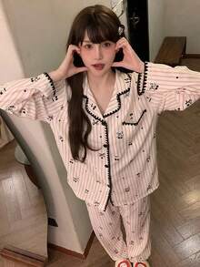 2pcs/Set Women's Pajamas Loungewear, Open Front Lapel Bow Print Minimalist Casual Long Sleeve Cropped Pants, Easy Care Fabric - Pink - View 3