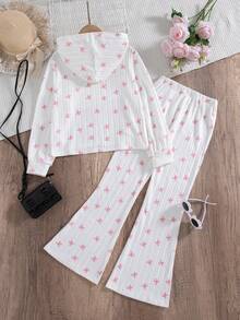 Girls' Casual Fashion Ribbed Bow Print Hooded Jacket And Flared Pants 2 Pieces Set, Spring/Autumn - White - View 3