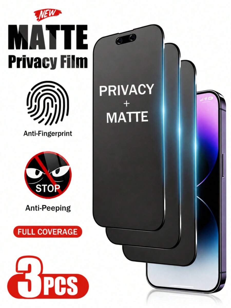 CASECOPS 3PCS Full Coverage Matte Privacy Screen Protector, For IPhone 18 Pro Max/17 Pro Max, Made Of 9H+ Hardness Tempered Glass, Anti-Drop Anti-Collision, Anti-Fingerprint, Anti-Scratch, Compatible Phone Cases - 3PCS - View 1