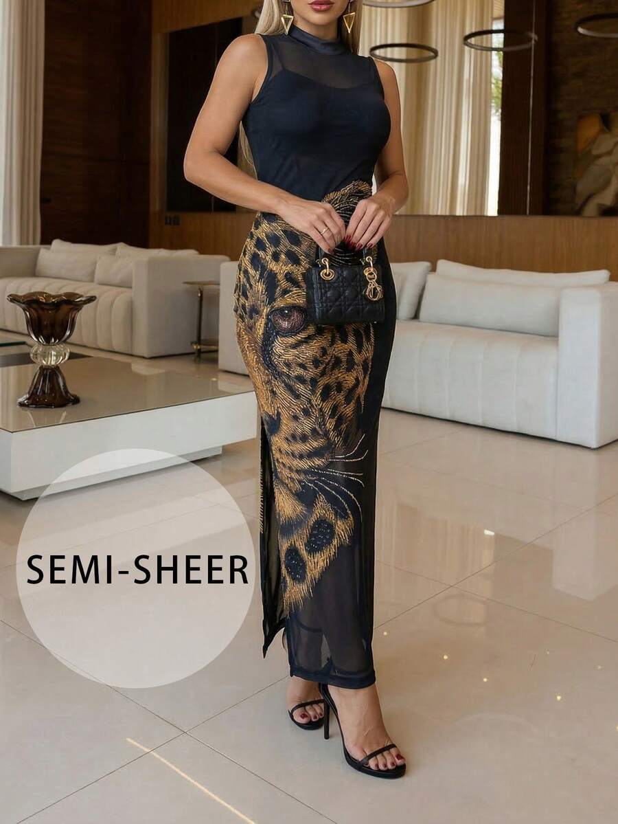Women's Elegant Leopard Print Maxi Dress - Black Sheer Mesh Mock Neck Sleeveless High Slit Bodycon Long Dress, Summer, Night Out - Multicolor - View 1