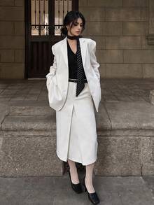 Set Blazer Lengan Panjang Wanita Warna Polos Musim Gugur/Dingin, Berlapisan, Berbantalan Bahu, Ukuran Besar, Bahu Lebar, Kancing Tunggal, dan Lipatan Manset & Rok Lipit Lurus Panjang Sedang - Putih - View 3