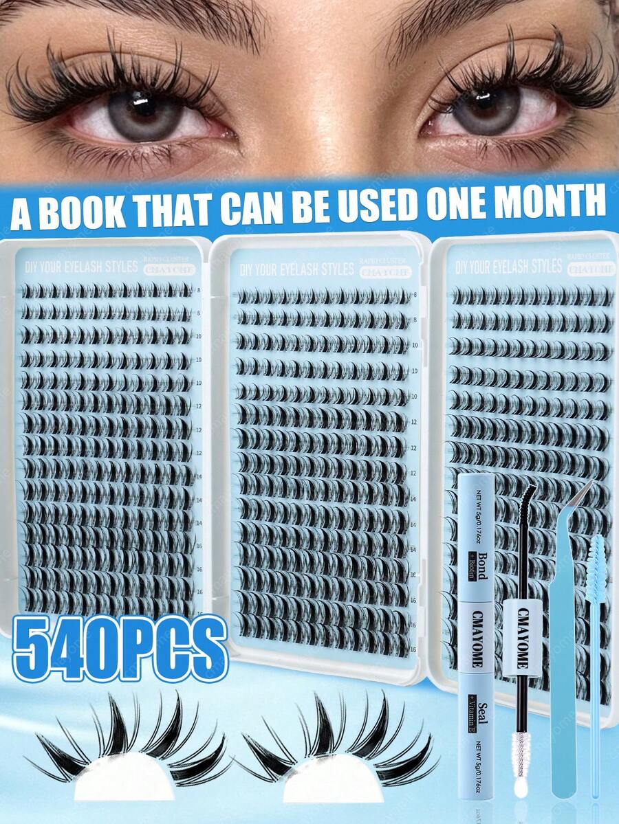 540Pcs Spiky Manga Lash Clusters Kit, Anime Individual Cluster Lashes 8-16mm Mixed Length DIY Eyelash Extension Set With Lash Bond & Seal, Tweezers & Brushes, Segmented Fake Eyelashes For Beginners - White - View 1