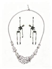 3pcs Halloween Dark Gothic Punk Skull Earrings & Necklace Set, Includes Skull Dangle Earrings And Skull Palm Spliced Necklace, Suitable For Halloween Party, Rock Music Festival And Subculture Themed Looks, Wearing The Set Enhances Visual Impact, Eye-Catching Accessories, Perfect Gift For Gothic Lovers (Necklace Color Is Gunmetal Black) - Multicolor 3 - View 5