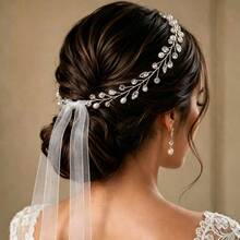 Bridal Wedding Handmade Pearl & Crystal Soft Chain Headband With White Tulle Ribbon Hair Accessory - White - View 8