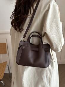 Solid Color Minimalist Lychee Textured Handbag, Crossbody Bag With Strap, Buckle Bucket Bag - Coffee - View 2