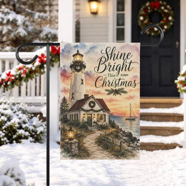 Christmas Lighthouse Garden Flag, Coastal Christmas Decor, 1pc, 2D Flat, Single-Sided Print, Flag Pole Not Included