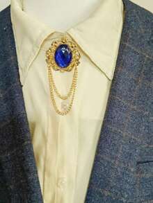 1pc European And American Style Brooch Pin - Golden Alloy Flower Design With Simulated Gemstone Chain Tassel - Brooch - View 8