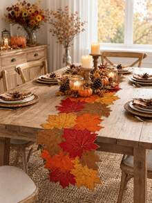 1pc Autumn Maple Leaf Shaped Linen Table Runner, Farmhouse Style Harvest Layered Leaf Dining Table Runner, Rustic Seasonal Table Centerpiece Decor, Suitable For Kitchen, Dining Room, Coffee Table, Thanksgiving Halloween Autumn Home Party Decoration - Multicolor - View 2