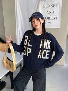 Korean Style Deep Blue Letter Knit Cardigan Women's Autumn/Winter New Round Neck Jacket Fashion Versatile Top - Navy Blue - View 1