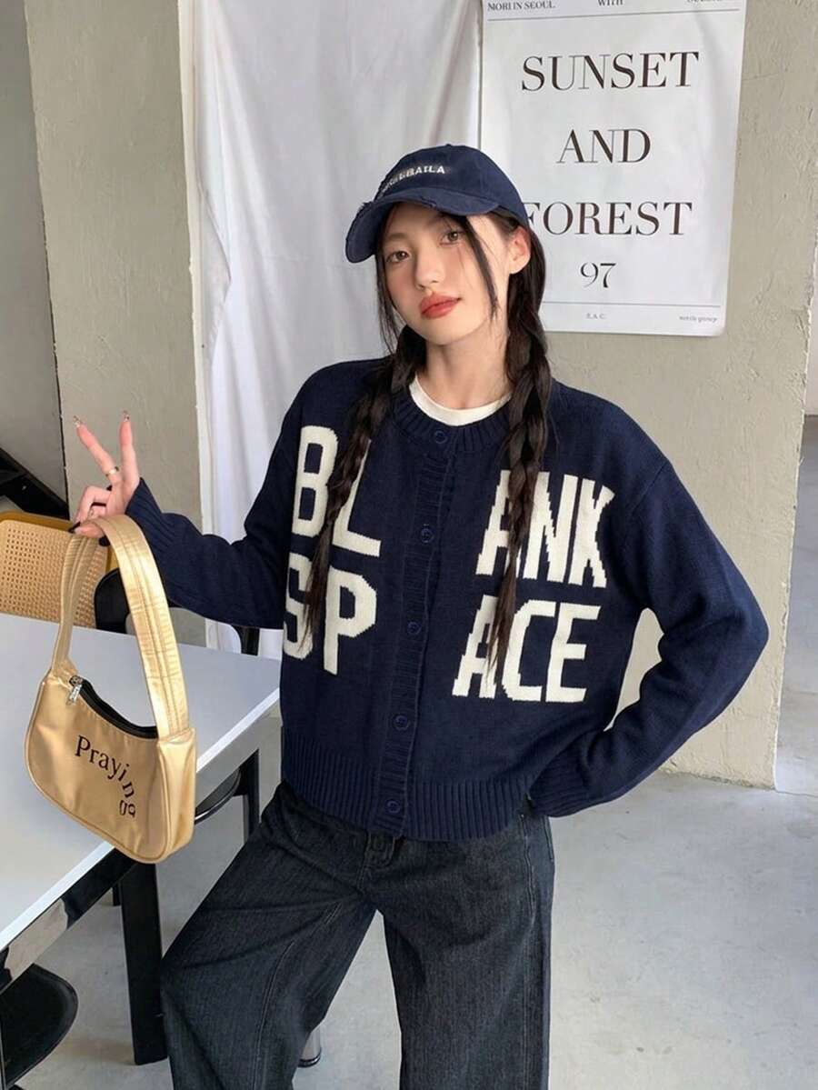 Korean Style Deep Blue Letter Knit Cardigan Women's Autumn/Winter New Round Neck Jacket Fashion Versatile Top - Navy Blue - View 1