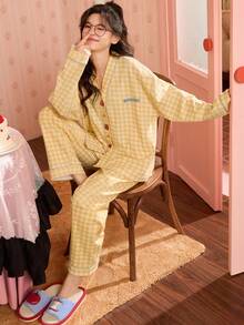 2pcs/Set Women's Pajamas Homewear, Cardigan V-Neck Fruit Letter Print With Pockets Long Sleeve Long Pants, All Season - Yellow - View 3