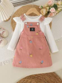 2pcs Set Baju Terusan Bayi Perempuan Lucu Lengan Panjang Bergaris dan Gaun Terusan Korduroi Bordir, Ringan untuk Musim Semi dan Gugur - Putih - View 1