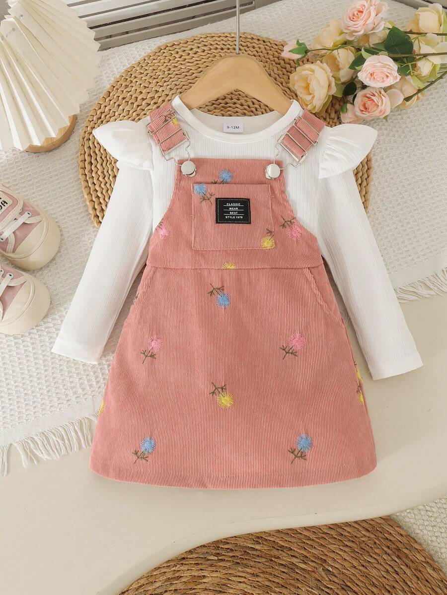 2pcs Set Baju Terusan Bayi Perempuan Lucu Lengan Panjang Bergaris dan Gaun Terusan Korduroi Bordir, Ringan untuk Musim Semi dan Gugur - Putih - View 1
