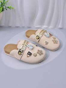 1 Pair Fashionable Versatile Girls' Beige Closed-Toe Slides With Rhinestone Rabbit & Flower DIY Accessories, Metal Chain, Soft Cork Sole, Outdoor Wear Mule Slippers For Daily Outings - Beige - View 2