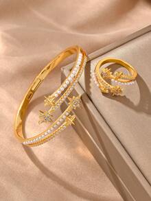 Set Gelang Emas Champagne 24k, Tembaga Bertekstur Serbaguna dengan Inlay Zirkonia, Cocok untuk Pemakaian Sehari-hari, Pertemuan, Kencan, Pesta, dan Hadiah - Emas - View 2