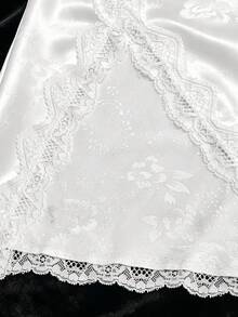 Sexy Women's Floral Solid Color Nightgown, Deep V-Neck Lace Patchwork, Asymmetrical Hem, Comfortable Charming Loungewear - White - View 5