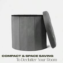 Round Velvet Folding Storage Pouffe Equipped With A Lid, Works As Multifunctional Ottoman For Home Use - Charcoal Grey - View 3