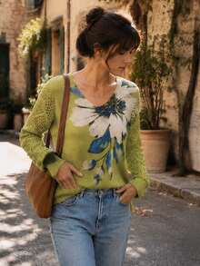 Elegant Floral Print V-Neck Long Sleeve Sweater, Versatile For Spring, Summer, Autumn, Winter, Bohemian Style, Travel Vacation Fall - Green - View 7